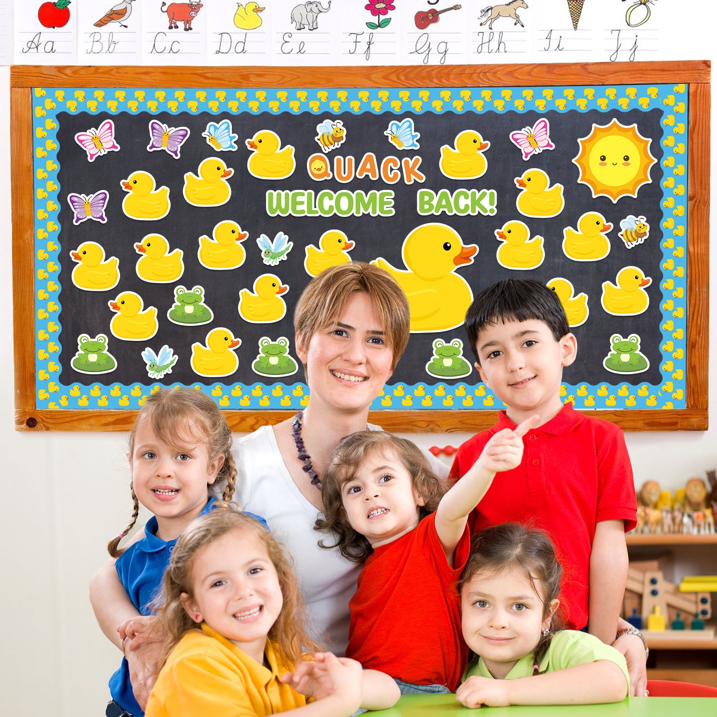120Pcs Duck Bulletin Board Back to School Decoration Cutouts Set With Welcome Back and Duck Butterfly Pattern to Welcome Students Back To Campus for Start of School Season in Classroom Or Home Decor