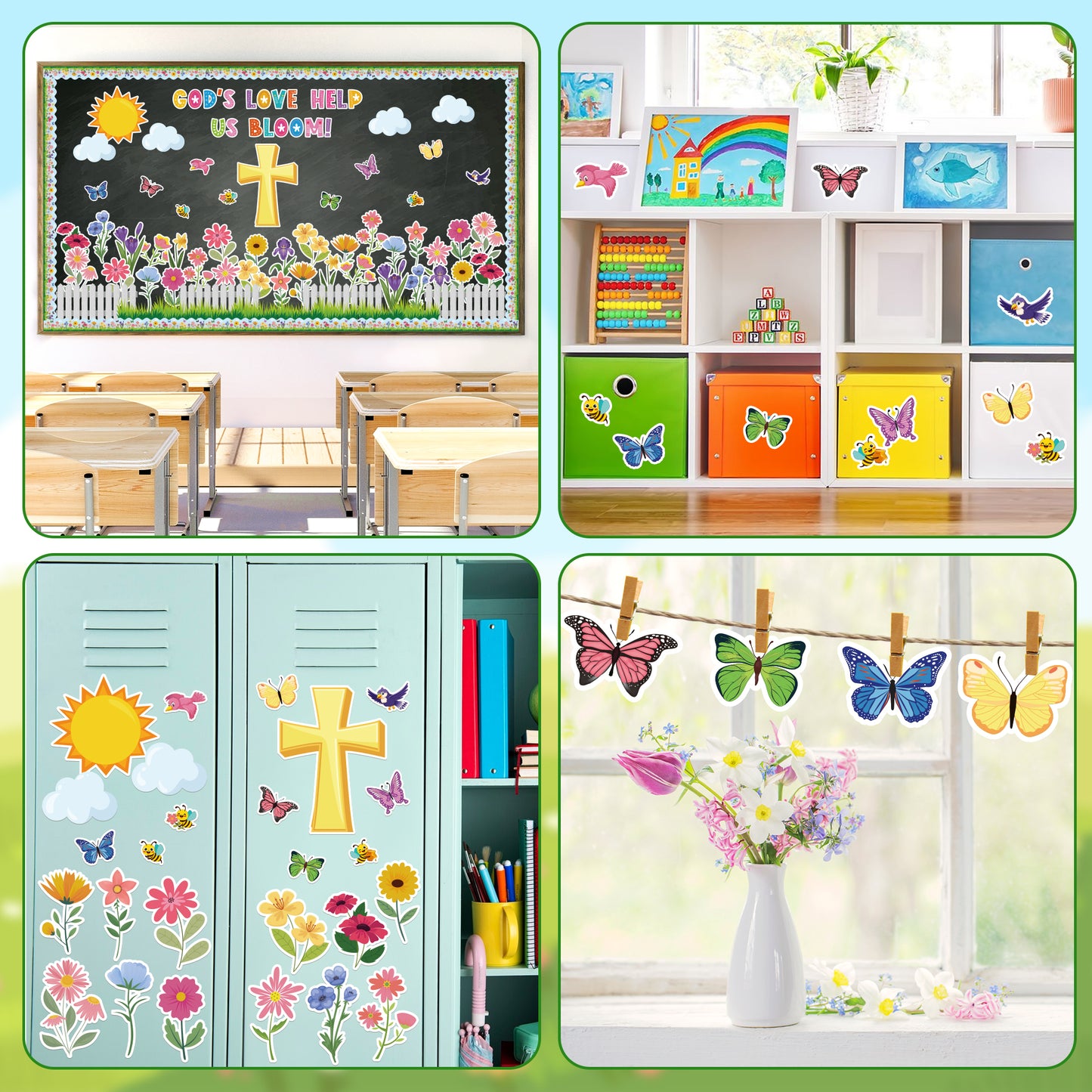 AsodSway 117Pcs Spring God's Love Help Us Bloom Easter Bulletin Board Classroom Decor Set Contain Easter Flower Cross Grass Border Cut Outs and with Easter Character Happy Party and Spring Season