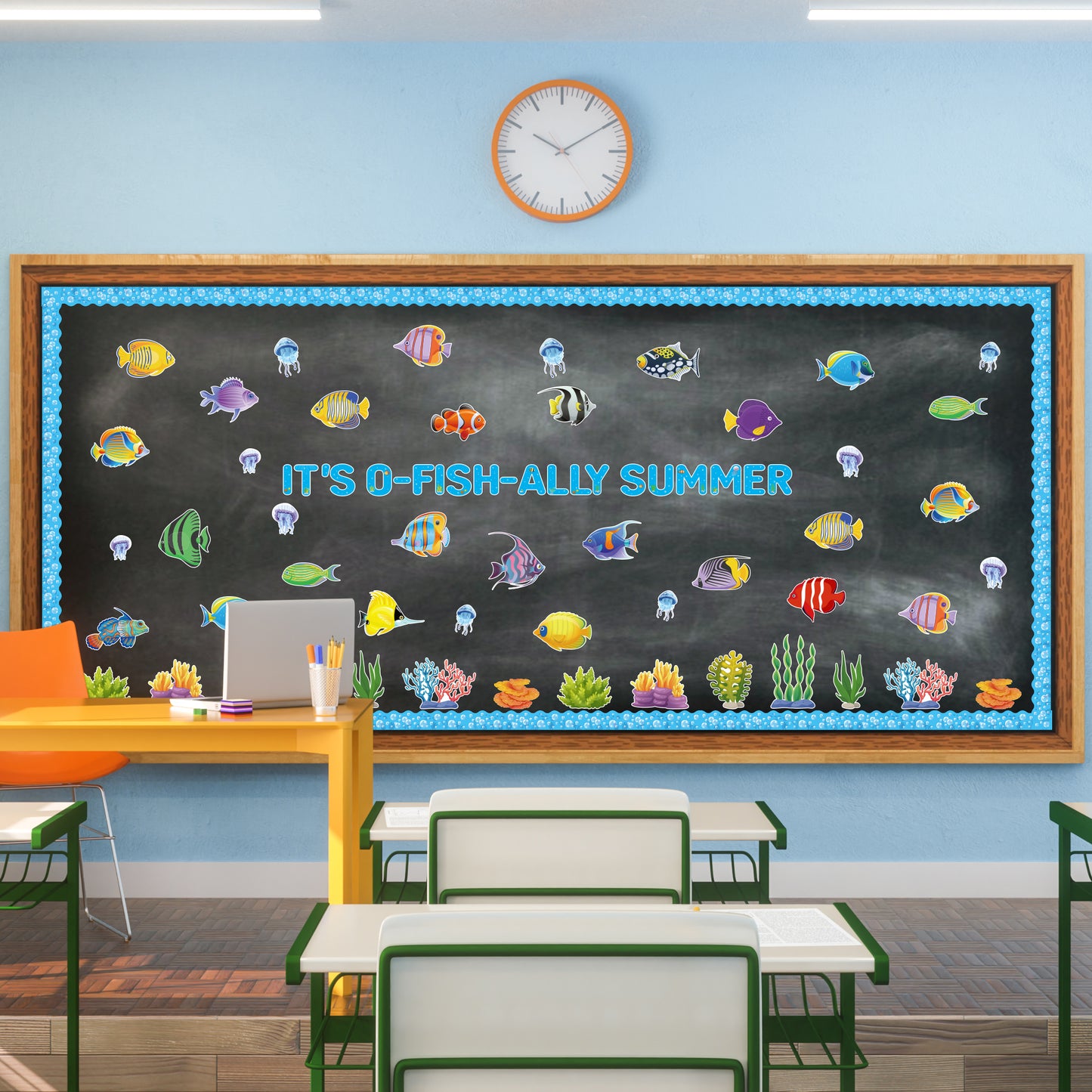 151Pcs Summer Fish Ocean Bulletin Board Cutouts Border Set, Fish All Summer Classroom Decoration Ocean Sea Fish Coral Seaweed Jellyfish Cutouts for School Teacher Student Chalkboard Wall Decor