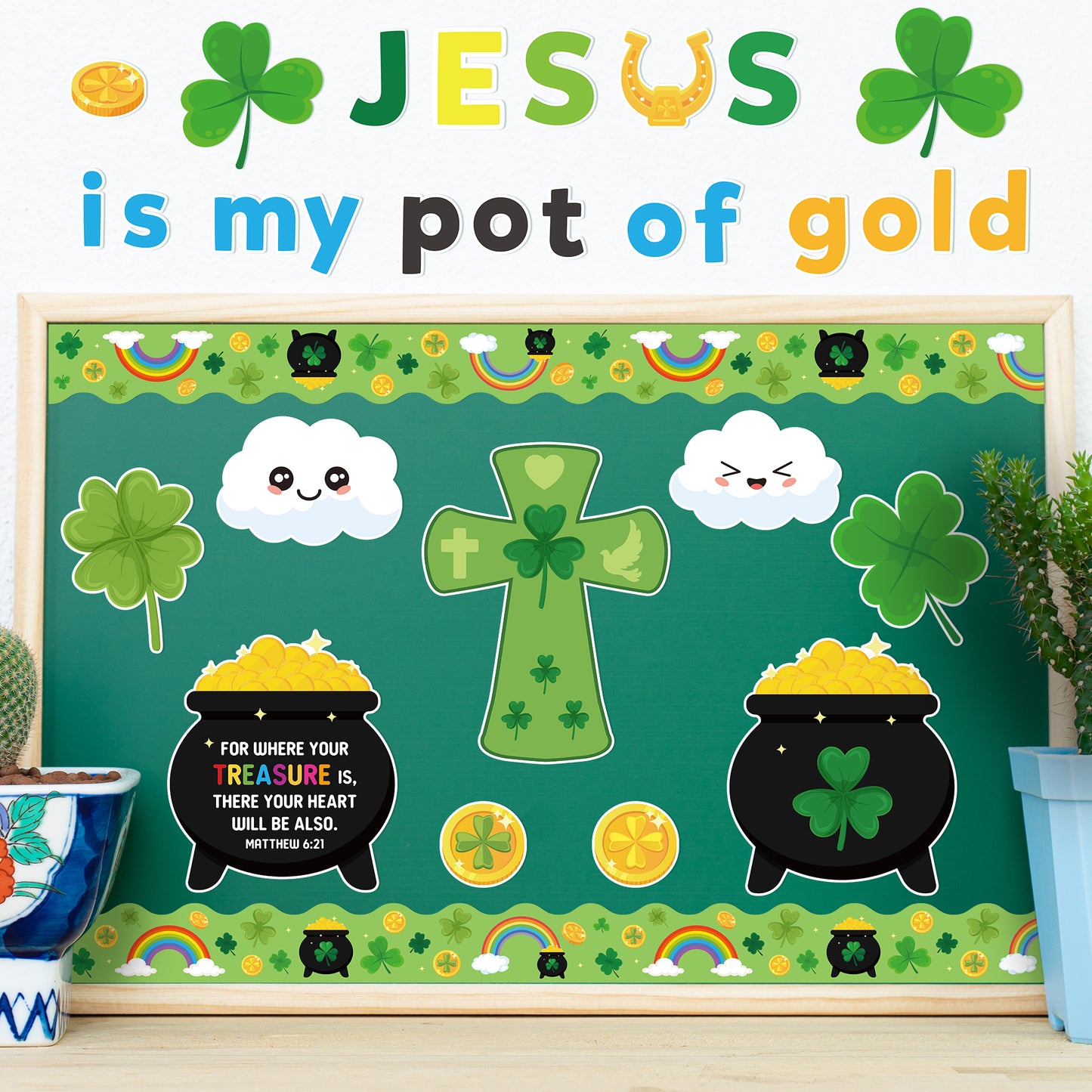 123Pcs Religious Sunday School ST.Patrick Jesus is My Pot of God Shamrock Rainbow Bulletin Board Decoration Set Contain Leaf Clovers Rainbow Border Religions Character Happy Party Classroom Decoration