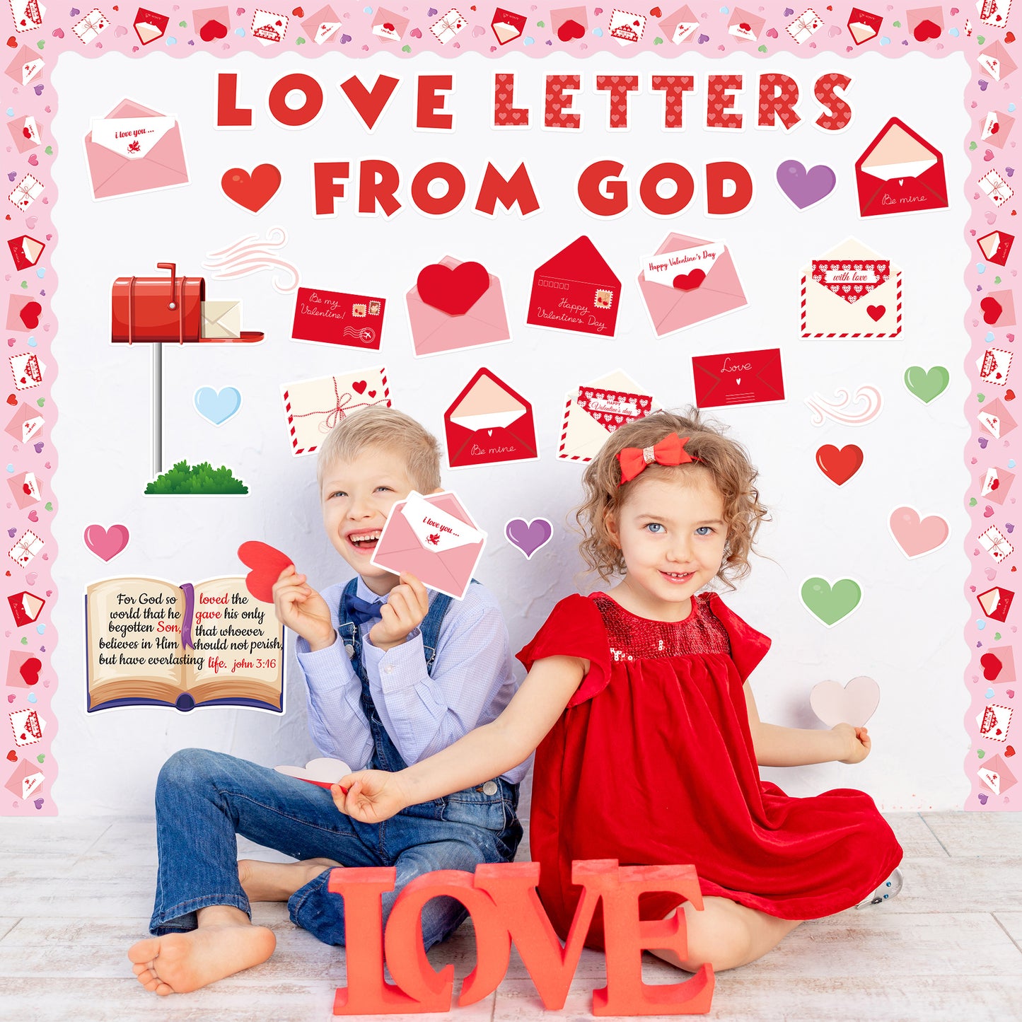 119Pcs Valentine's Day Love Letters From God Bulletin Board Classroom Decoration Sets Contain Envelope Mailbox Heart Border About Valentine Character Happy Coming Valentine Party Classroom Decoration