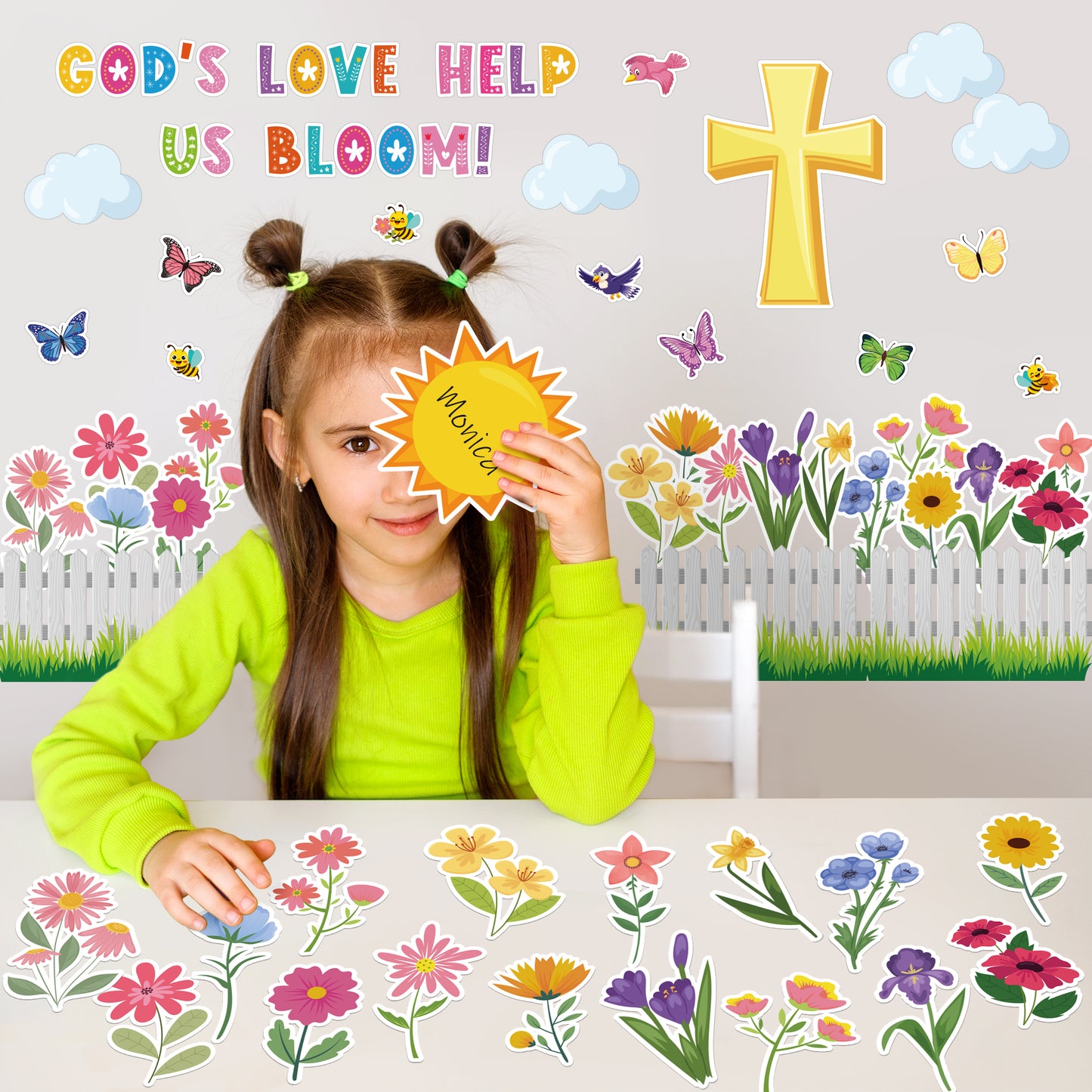 AsodSway 117Pcs Spring God's Love Help Us Bloom Easter Bulletin Board Classroom Decor Set Contain Easter Flower Cross Grass Border Cut Outs and with Easter Character Happy Party and Spring Season