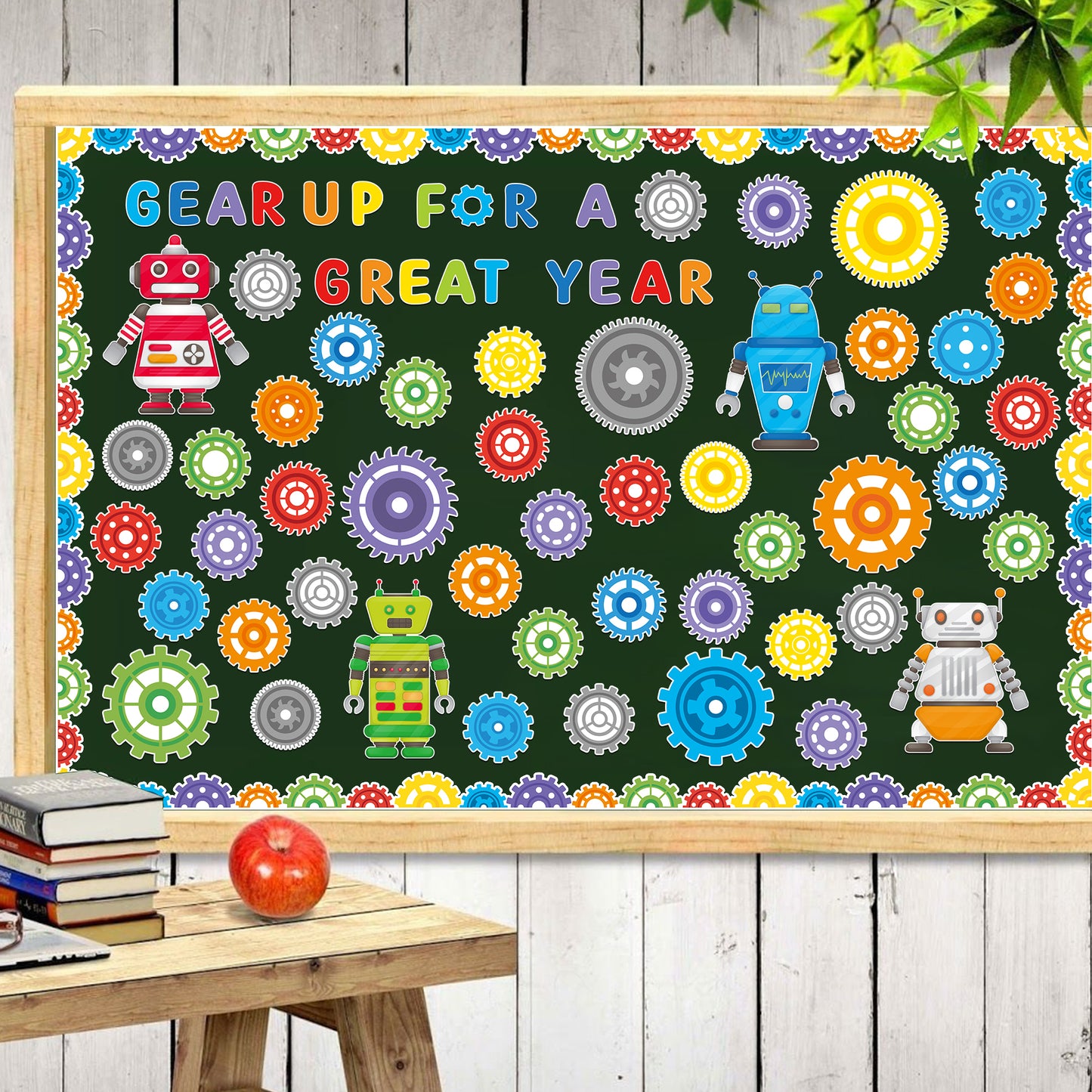 129Pcs Gear Robot Bulletin Board Back to School Decoration Cutouts Set With Gear Up for A Great Year and Gear Robot Pattern to Encouraging Student to Embrace a Better Life in Classroom Home Decoration