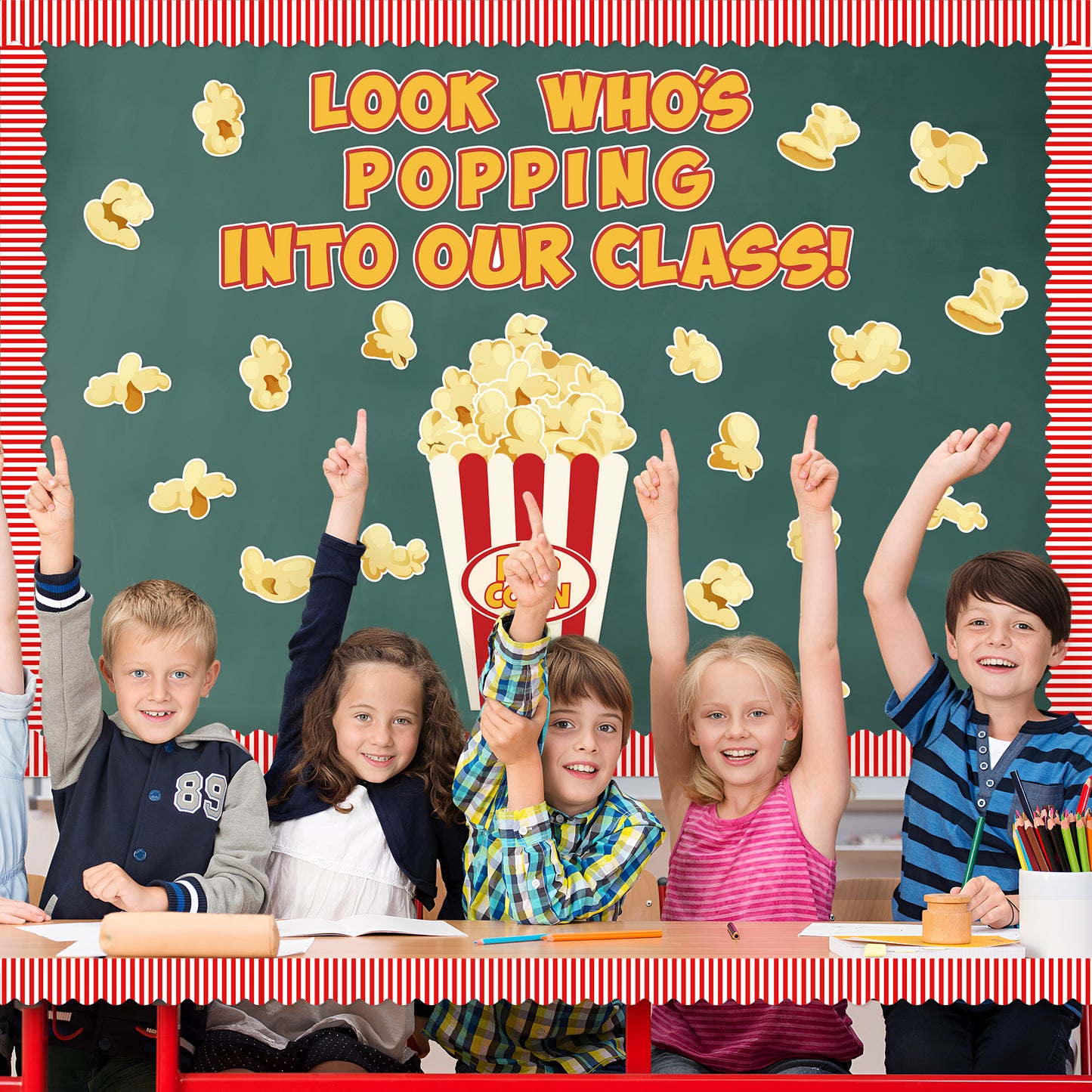 113Pcs Popcorn Bulletin Board Back to School Decoration Cutouts Set With Look Who’s Popping Into Our Class and Popcorn Pattern to Welcome New Student in Classroom Or Home Decoration