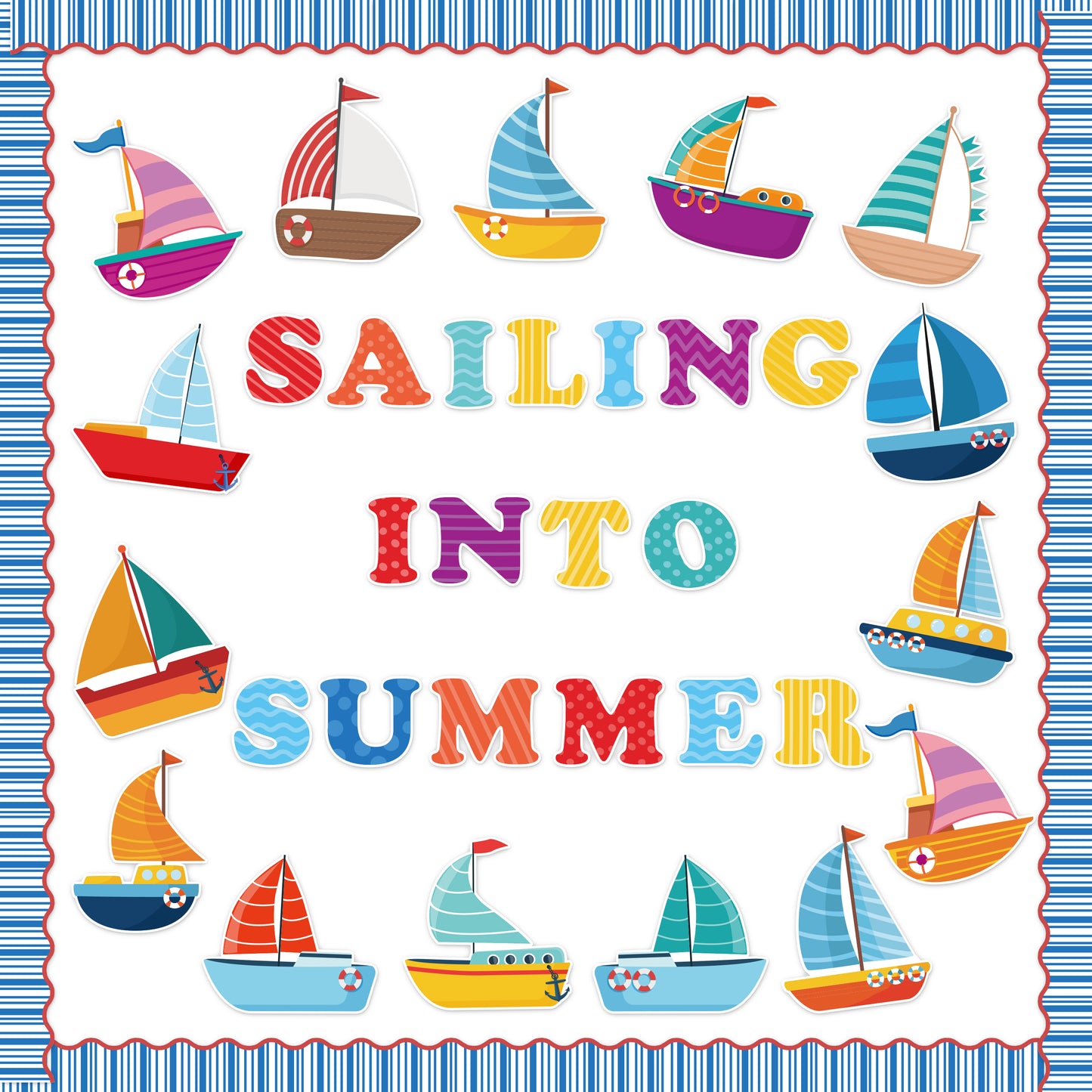 117Pcs Sailing Into Summer Cutouts Summer Sailboat Bulletin Board Cut Outs Classroom Decoration, Hello Summer Ocean Theme Cutouts Trim Borders, DIY Sailboat for School Classroom Teacher Supplies