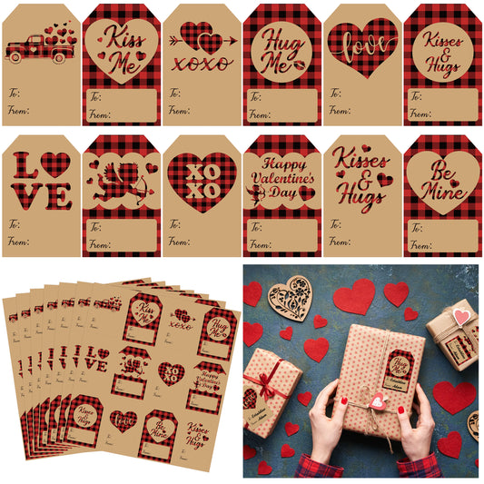 Valentine Kraft Paper Black Red Buffalo Plaid Gift Tags Stickers, 360 PCS Self Adhesive Valentine Name Tags Stickers, Heart Tags for Wedding Anniversary DIY Gift Crafts Wedding Party Favor （12 Styles）