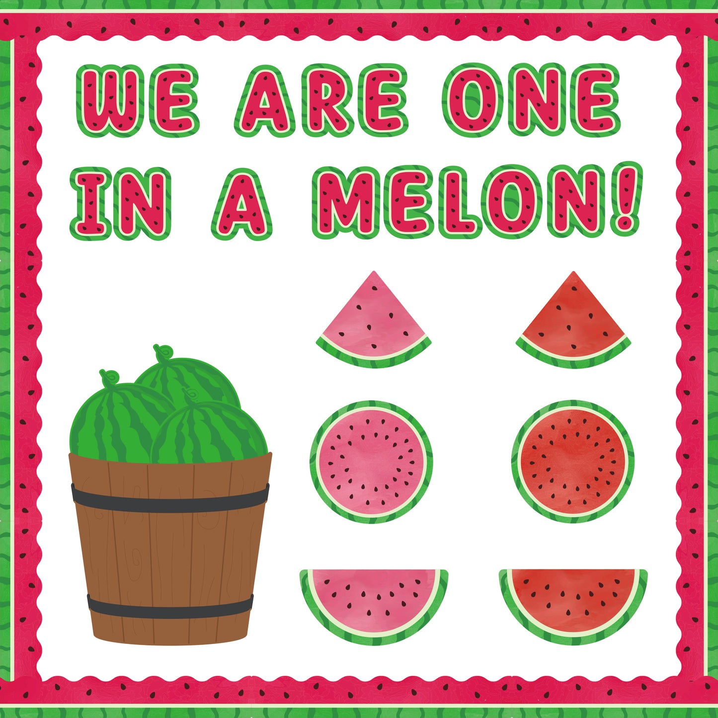 111Pcs Summer Watermelon Fruit Bulletin Board Decoration Cutouts Set Contain Cut Watermelon, Complete Watermelon, Barrel, Border and Words with "We Are One In A Melon" For Summer Holiday Classroom or Home Decoration