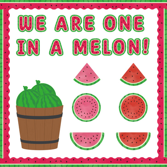 111Pcs Summer Watermelon Fruit Bulletin Board Decoration Cutouts Set Contain Cut Watermelon, Complete Watermelon, Barrel, Border and Words with "We Are One In A Melon" For Summer Holiday Classroom or Home Decoration
