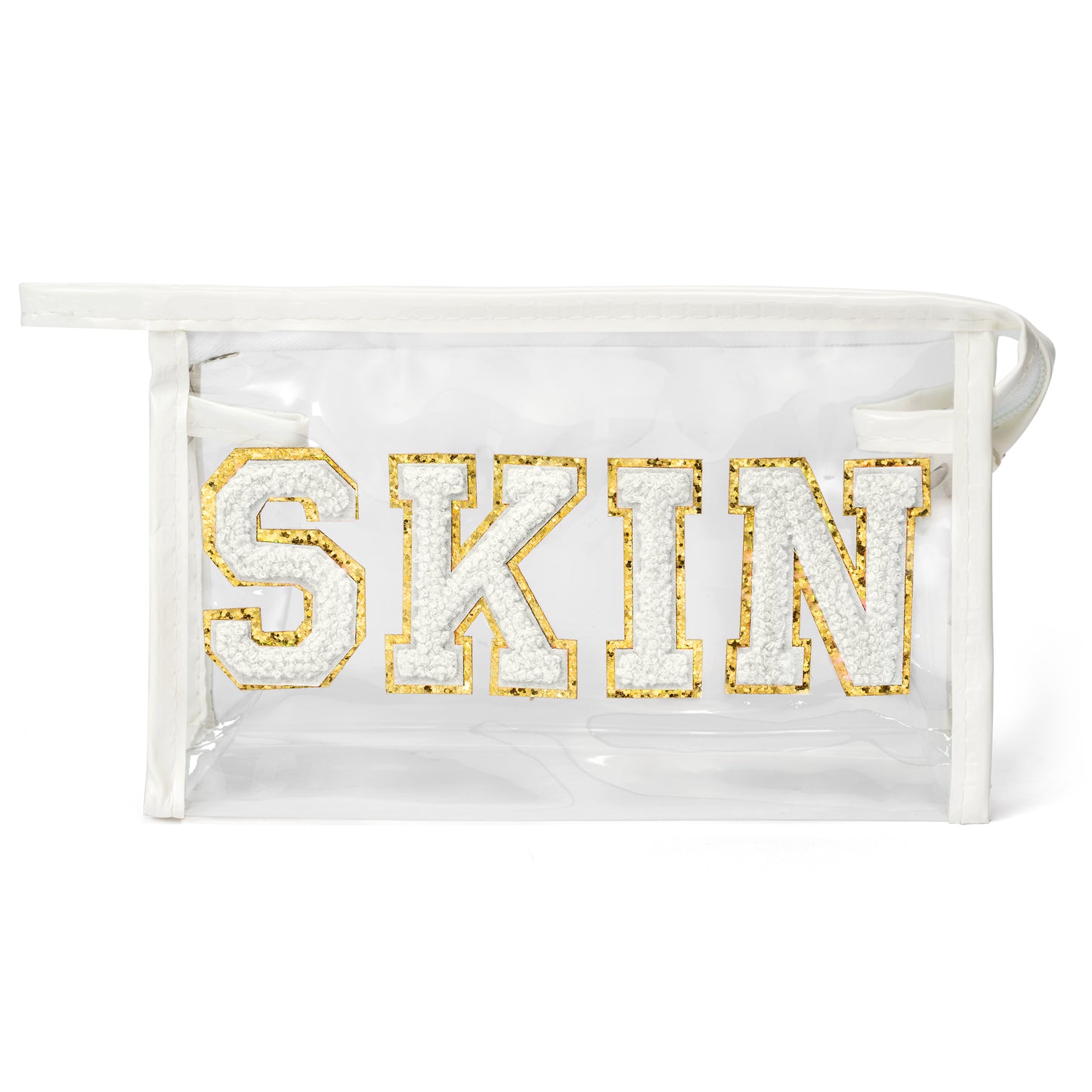 Preppy Patch SKIN Bag Varsity Letter Cosmetic Toiletry Bag Aesthetic Waterproof Portable Cosmetic Bag Daily Use Clutch Purse Transparent PVC Zipper Care Bag Travel Party Makeup Bag for Women Girls