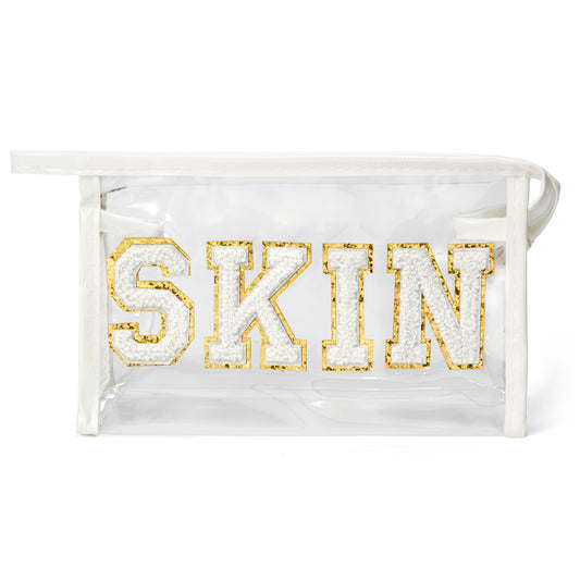 Preppy Patch SKIN Bag Varsity Letter Cosmetic Toiletry Bag Aesthetic Waterproof Portable Cosmetic Bag Daily Use Clutch Purse Transparent PVC Zipper Care Bag Travel Party Makeup Bag for Women Girls