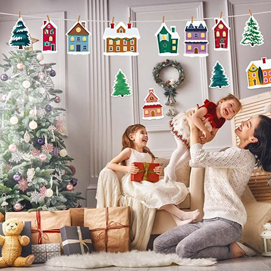 Christmas Town Bulletin Board Winter Village Cut Out Classroom Decoration, Christmas Village House Christmas Pine Trees Winter Bulletin Board Set for Classroom Decor or Christmas Winter Party Supplies