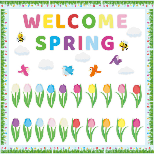 115Pcs Spring Tulip Flowers Bulletin  Board Cut Out Classroom Decoration, Spring Flowers Bees Birds Bulletin Board Nametag Accent Paper Cut-Outs School Craft Projects, Welcome Spring Party Wall Decor