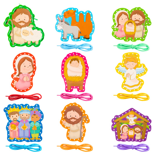 18Pcs Nativity Lacing Cards Christmas Nativity Sewing Cards: 9 Patterns Nativity Theme Games for Developing Kids Imagination Party Supplies Children Sewing Game Favors (Family, Angel Style)