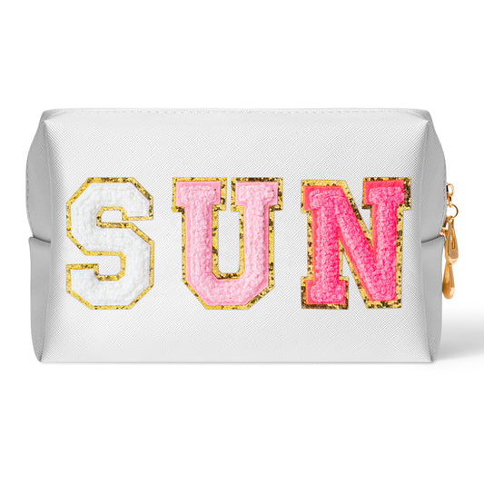 Preppy Patch Sunscream Varsity Letter Cosmetic Toiletry Bag Small White PU Leather Zipper Makeup Bag Portable Waterproof Travel Toiletry Organizer Daily Use Storage for Women Girls (White)