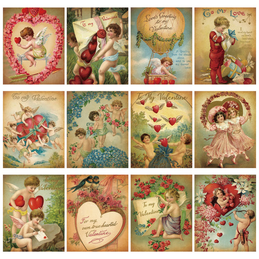 12Pcs Vintage Valentine Old Style Traditional Poster Print Wall Art Decoration Kits, Assembled Print Poster Set with Vintage Old Style Cover Display Art Print Photo Collection, Retro House Decor For Retro Party