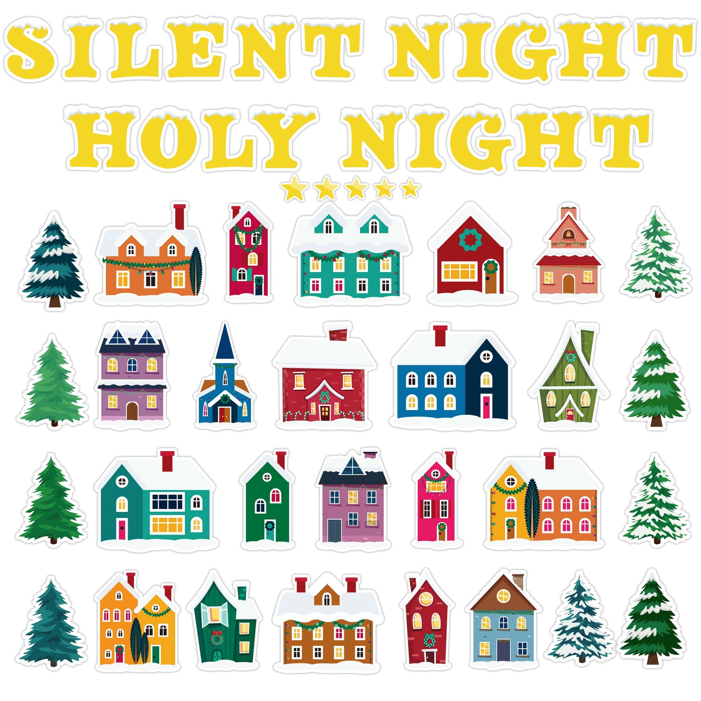 Christmas Town Bulletin Board Winter Village Cut Out Classroom Decoration, Christmas Village House Christmas Pine Trees Winter Bulletin Board Set for Classroom Decor or Christmas Winter Party Supplies