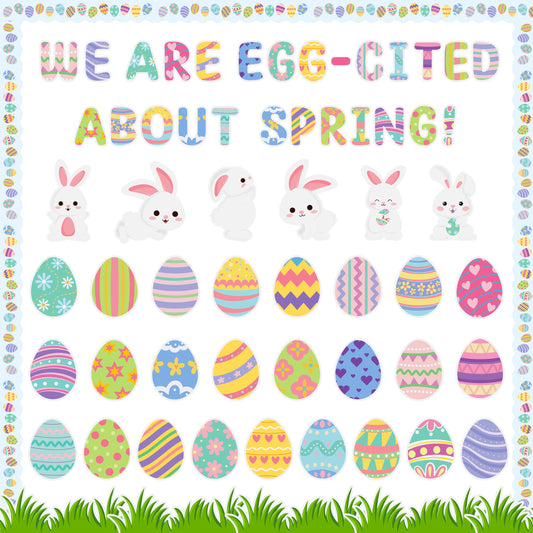 139Pcs Easter Bunny Spring Egg Bulletin Board Decoration Cutouts Set Contain Easter Egg, Bunny, Grass, Border, Cut-Outs with We are Egg Cited About Spring Character Happy Easter and Spring Season Visit the AsodSway Store