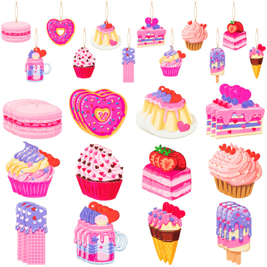 37PCS Valentine Dessert Wood Ornaments with Cake, Ice Cream, Pudding and Bread Hanging Ornaments Decorations, Valentine Theme Party Decoration Anniversary or Birthday Wish for Party Decoration