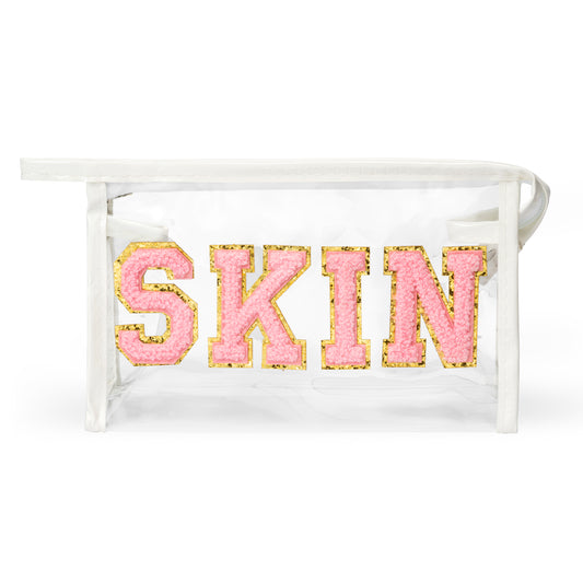 Preppy Patch SKIN Bag Varsity Letter Cosmetic Toiletry Bag Aesthetic Waterproof Portable Cosmetic Bag Daily Use Clutch Purse Transparent PVC Zipper Care Bag Travel Party Makeup Bag for Women Girls