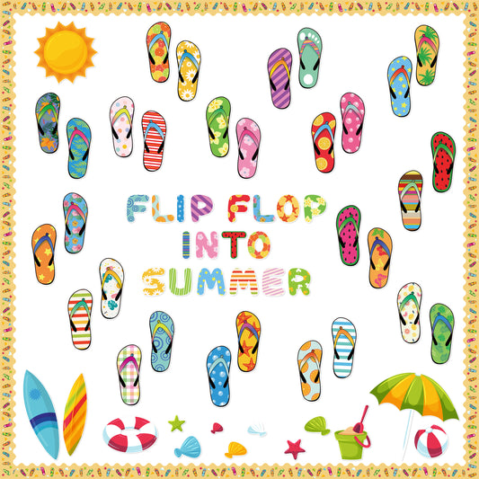 133Pcs Summer Flip-Flop Bulletin Board Cut Out Classroom Decoration, Summer Colorful Flip Flop Cut-outs School Craft Projects Wall Decor, Hawaiian Beach Party Cutouts Back to School Classroom Supplies