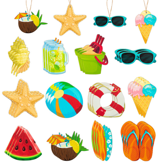 37Pcs Summer Hawaiian Wood Hanging Ornament Decorations, Summer Beach Ornaments Tree Ornament Door Ornament with String Holiday Party Decorations Summer Tropical Painted Themed Party Supplies