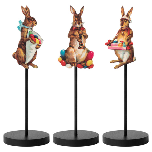 3Pcs Easter Vintage Bunny Old Style Wood Tall Standing Block Set, Victorian Style Easter Bunny Table Sign Decorations Traditional Easter Tier Tray Decor, Easter Party Theme Decoration Easter Gift