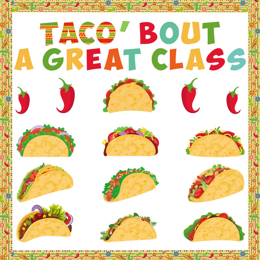 116Pcs Mexican Cinco De Mayo Bulletin Board Decoration Cutouts Set Contain Characters, Fried Tortillas, Chili, Border and Characters with Taco‘Bout A Great Class for Classroom or Home Decoration