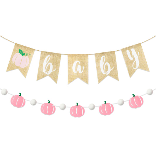 2Pcs Pink Pumpkin Baby Banner Fall Baby Shower Burlap Garland Rustic Season Little Pumpkin Banner Pull Flag Fall Baby Shower Birthday theme Party Wall Decor