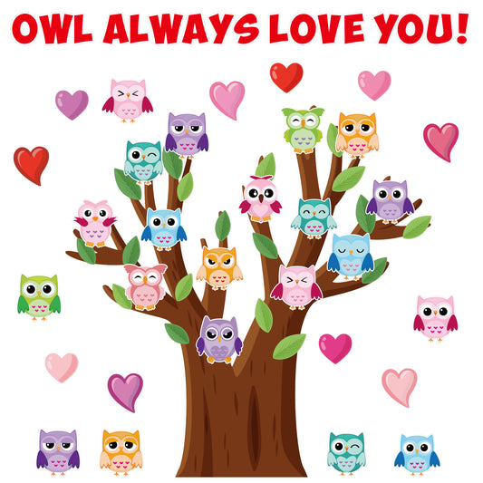 111Pcs Valentine's Day Classroom Tree Heart Owls Bulletin Board Cut 0ut Classroom Decoration, Colorful Owls Name Tags Tree Leaves Heart Bulletin Board for Teacher Student Back to School Party Supplies