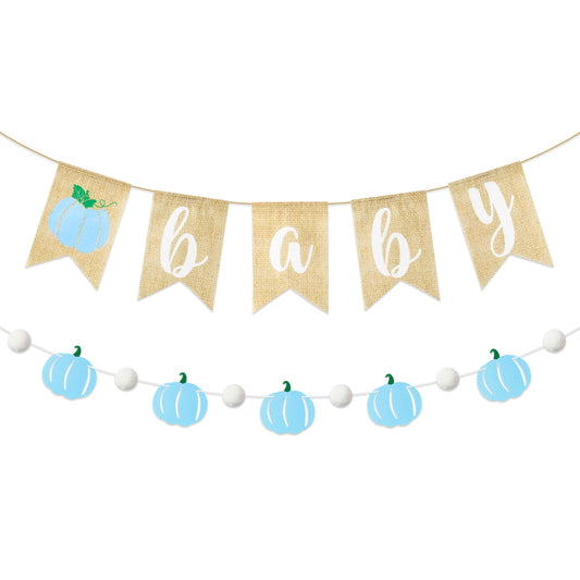 2Pcs Blue Pumpkin Banner Fall Baby Shower Burlap Garland Rustic Season Little Pumpkin Banner Pull Flag Fall Baby Shower Birthday theme Party Wall Decor