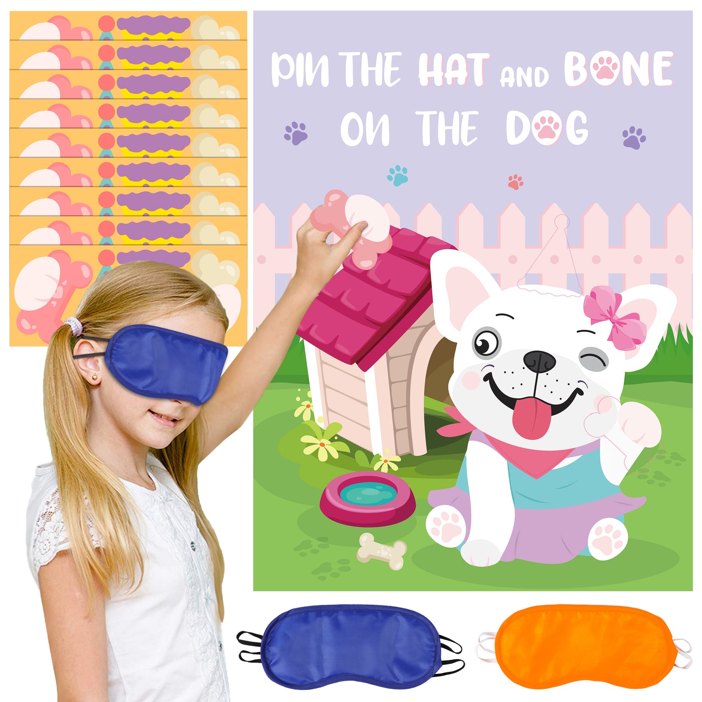 Pink Dog Pin the Hat and Bone On The Dog Party Games Supplies Dog Birthday Party Poster Games for Girl and Kids Animal Theme Christmas Party Favor (Includes 2 Blindfolds)