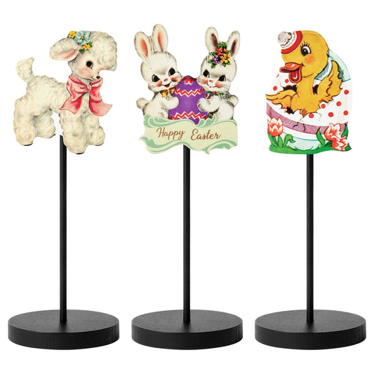 3Pcs Vintage Easter Bunny Wood Tall Standing Block Set, Old Victorian Style Easter Bunny Tiered Tray Sign Traditional Easter Table Sign Decorations, Easter Table Decor Easter Gift Spring Holiday Party