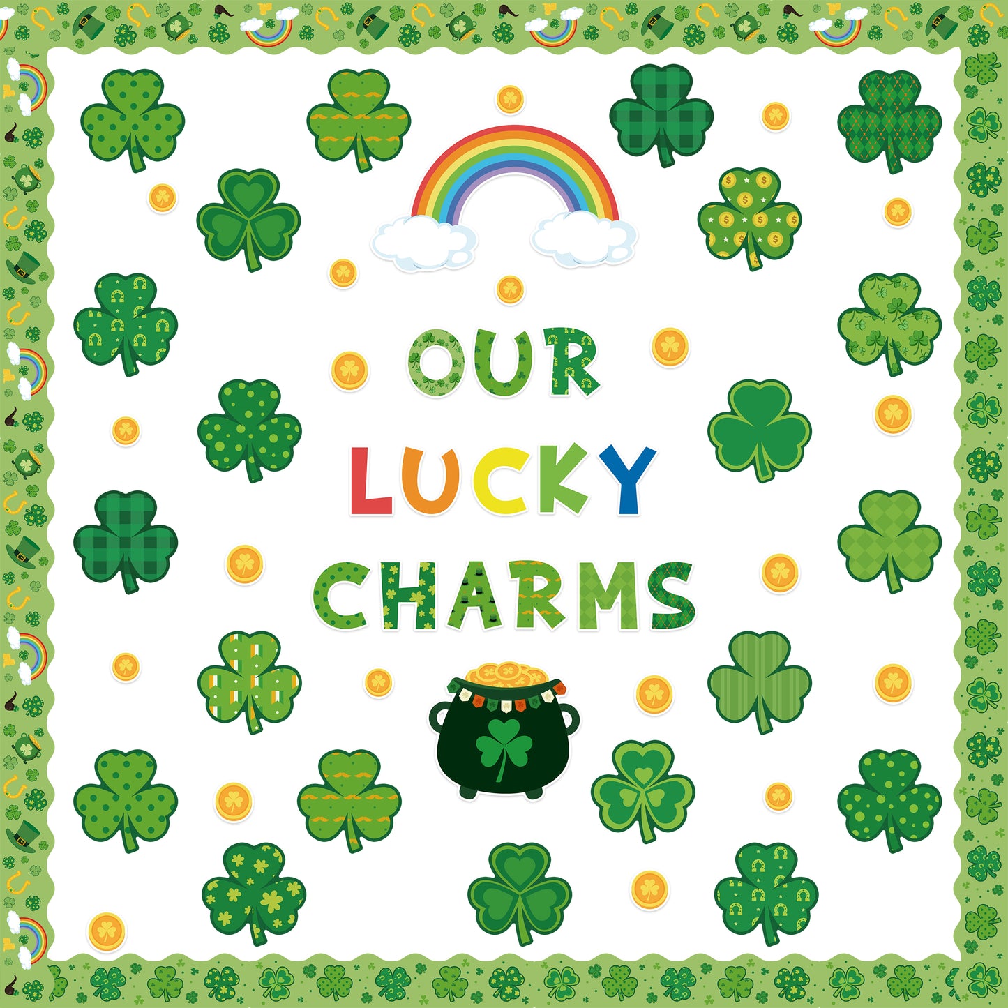 121Pcs St.Patrick Day Shamrock Bulletin Board Decoration Cutouts Set Contain Clover, Gold, Rainbow, Stockpot, Border with Characters About Our Lucky Charms Happy St.Patrick and Home Decoration