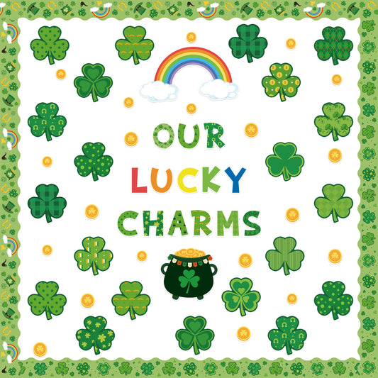 121Pcs St.Patrick Day Shamrock Bulletin Board Decoration Cutouts Set Contain Clover, Gold, Rainbow, Stockpot, Border with Characters About Our Lucky Charms Happy St.Patrick and Home Decoration
