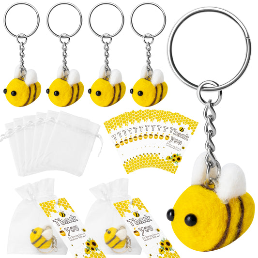 12 Pieces Cute Bee Keychain Party Goodie Bag Gifts Favor, Felt Bumble Bee Keyring Pack Thank You Tags and White Gift Bags for Kids Bee Day Birthday Party Supplies Bee Theme Party Favors Gift Tags