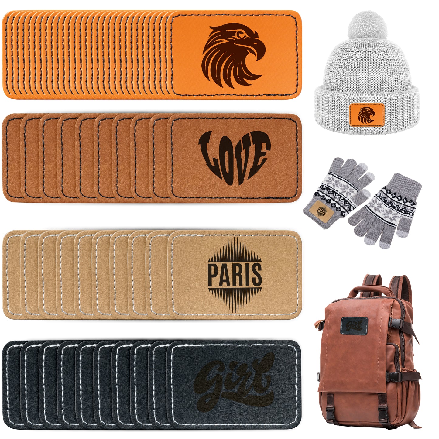 60Pcs Blank Leatherette Hat Patches with Adhesive, 4 Style Colors for Gray, Khaki, Brown, Cow Skin Rustic Leatherette Rectangle Patches for DIY Hats or Clothes Fabric Repair Sew Laser Supplies