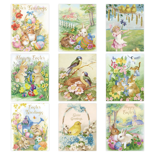 9Pcs Vintage Easter Bunny Old Style Traditional Poster Print Wall Art Decoration Kits, Assembled Print Poster Set with Vintage Old Style Cover Display Art Print Photo Collection, Retro House Decor For Retro Easter Party