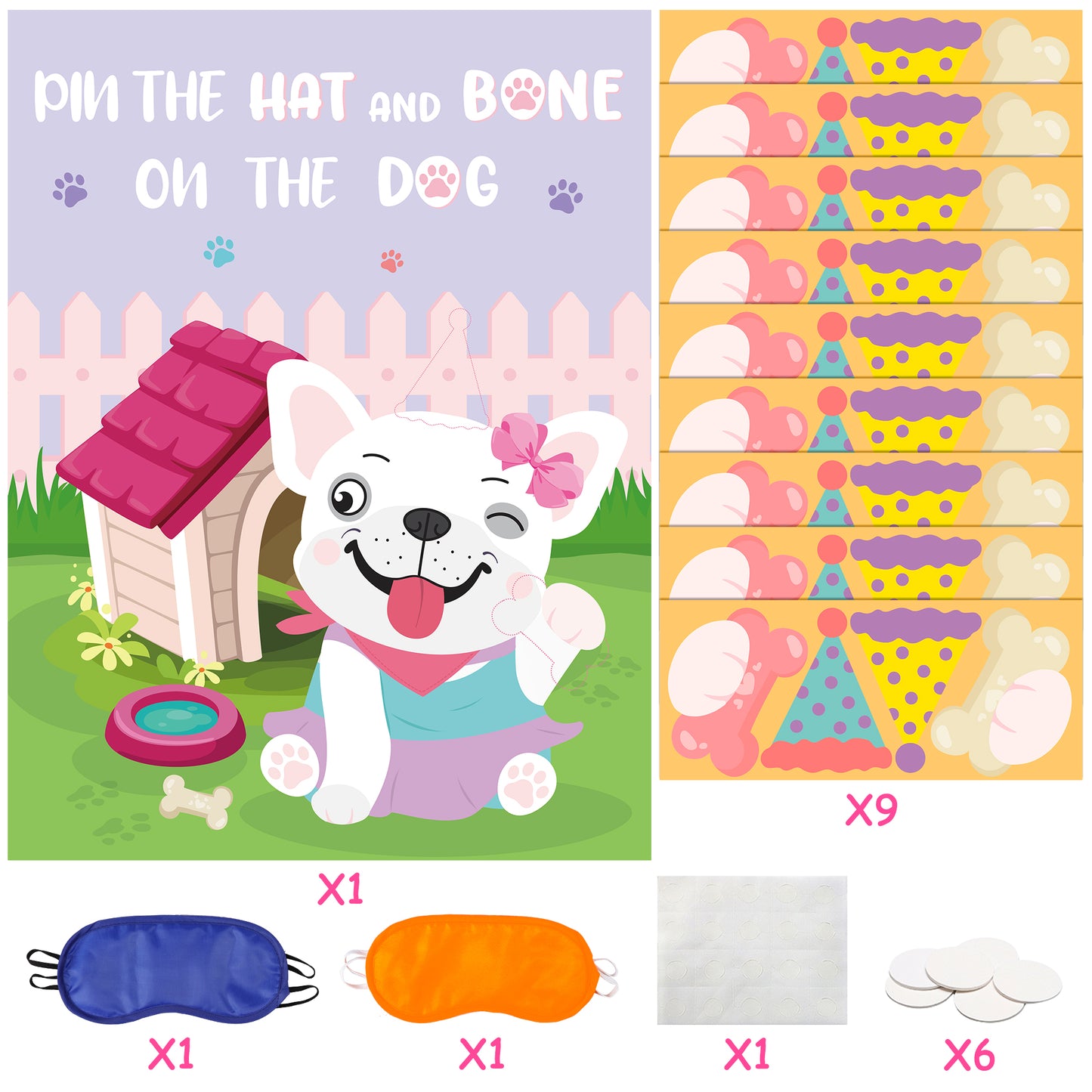 Pink Dog Pin the Hat and Bone On The Dog Party Games Supplies Dog Birthday Party Poster Games for Girl and Kids Animal Theme Christmas Party Favor (Includes 2 Blindfolds)