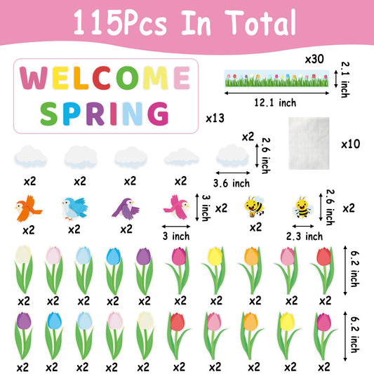 115Pcs Spring Tulip Flowers Bulletin  Board Cut Out Classroom Decoration, Spring Flowers Bees Birds Bulletin Board Nametag Accent Paper Cut-Outs School Craft Projects, Welcome Spring Party Wall Decor