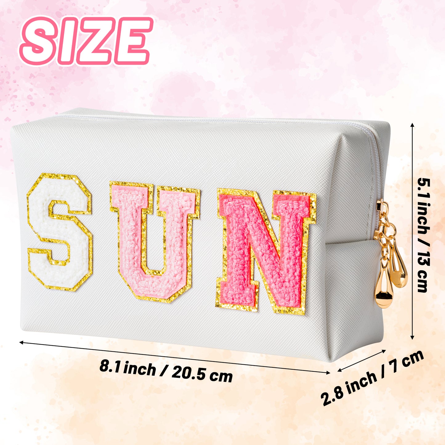 Preppy Patch Sunscream Varsity Letter Cosmetic Toiletry Bag Small White PU Leather Zipper Makeup Bag Portable Waterproof Travel Toiletry Organizer Daily Use Storage for Women Girls (White)