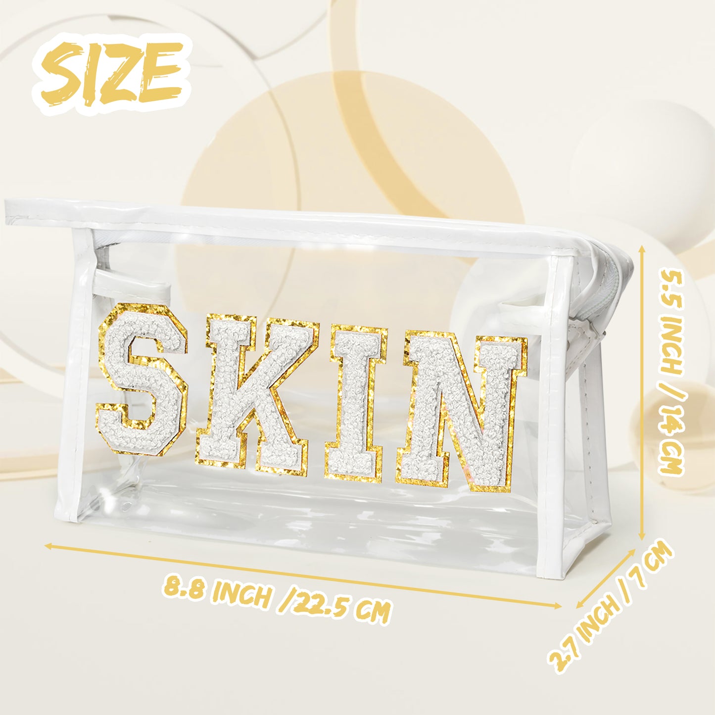 Preppy Patch SKIN Bag Varsity Letter Cosmetic Toiletry Bag Aesthetic Waterproof Portable Cosmetic Bag Daily Use Clutch Purse Transparent PVC Zipper Care Bag Travel Party Makeup Bag for Women Girls