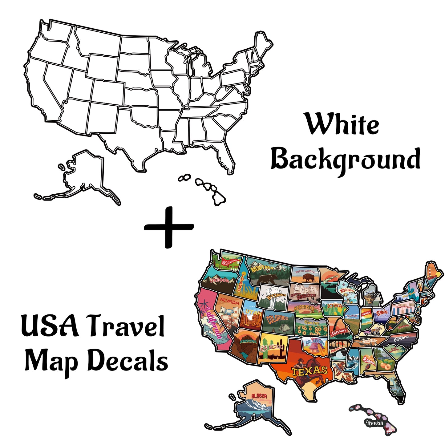 RV State Travel USA Map Sticker, United States Stickers Vinyl Map RV Decals Travel Trailer Camper Map of America Waterproof Decals for Window, Door or Wall, United States Map Decal with State Stickers Trip Camper Trailer Accessories