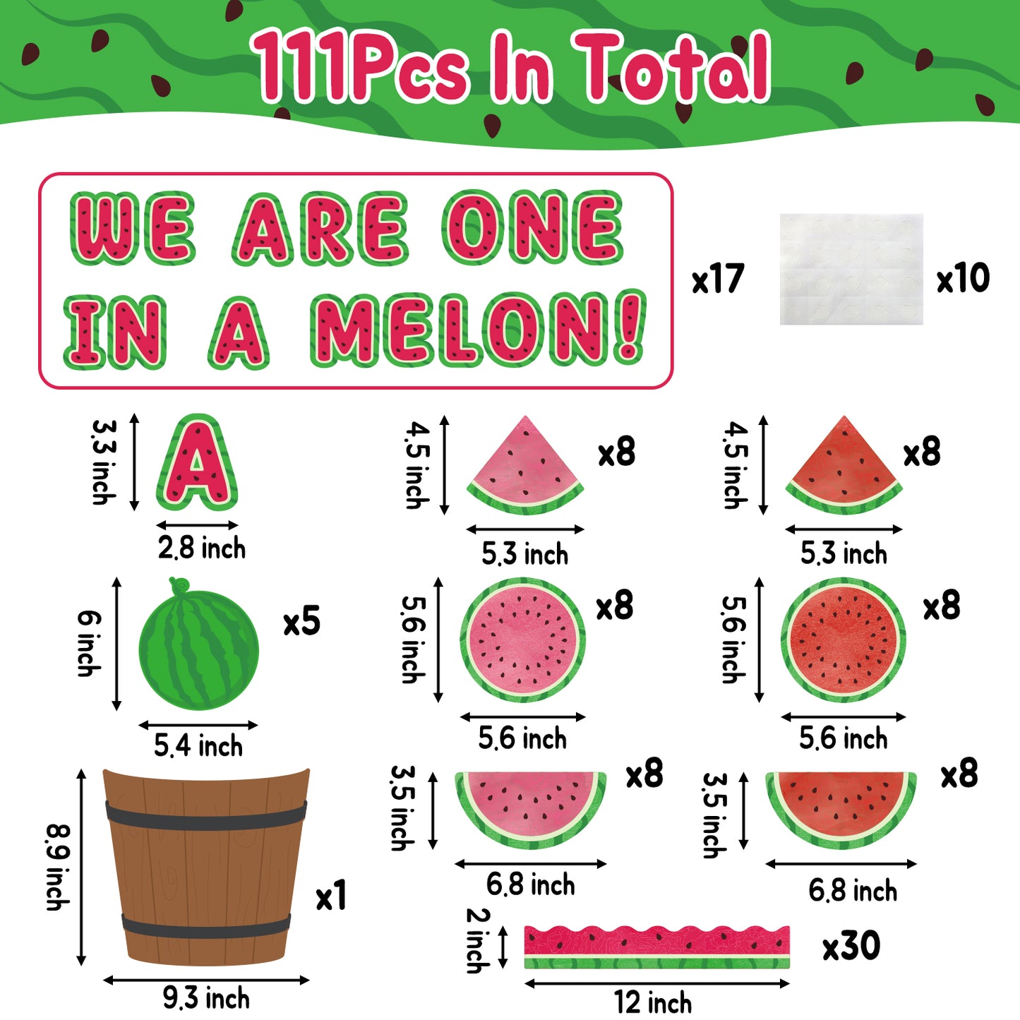 111Pcs Summer Watermelon Fruit Bulletin Board Decoration Cutouts Set Contain Cut Watermelon, Complete Watermelon, Barrel, Border and Words with "We Are One In A Melon" For Summer Holiday Classroom or Home Decoration