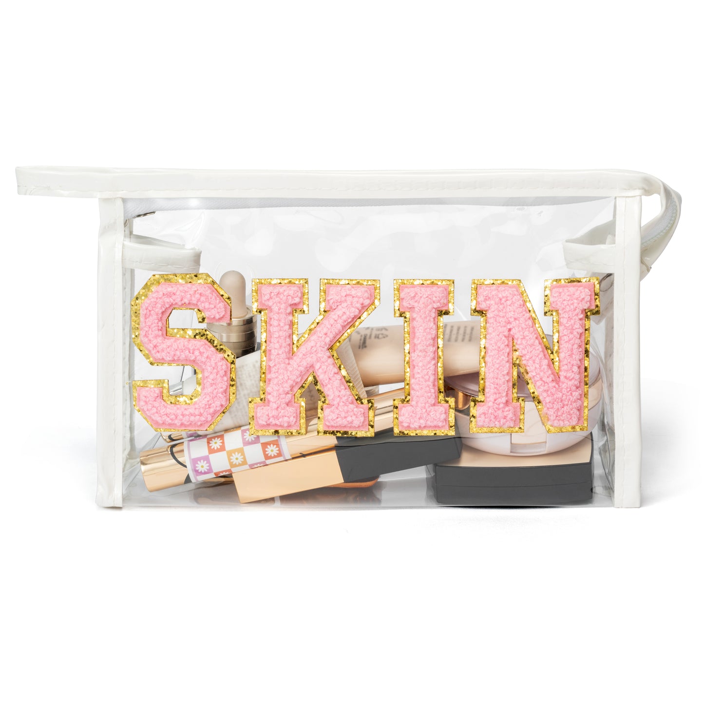 Preppy Patch SKIN Bag Varsity Letter Cosmetic Toiletry Bag Aesthetic Waterproof Portable Cosmetic Bag Daily Use Clutch Purse Transparent PVC Zipper Care Bag Travel Party Makeup Bag for Women Girls