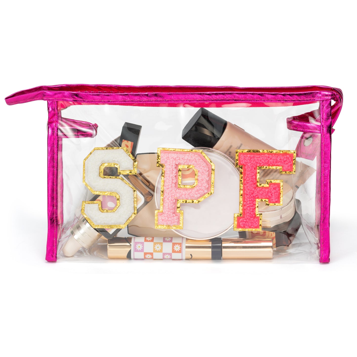Preppy Patch SPF Varsity Letter Cosmetic Toiletry Bag Aesthetic Waterproof Portable Cosmetic Bag Transparent PVC Zipper Bag Daily Use Clutch Purse Travel Party Makeup Bag for Women Girls (Rose Red)