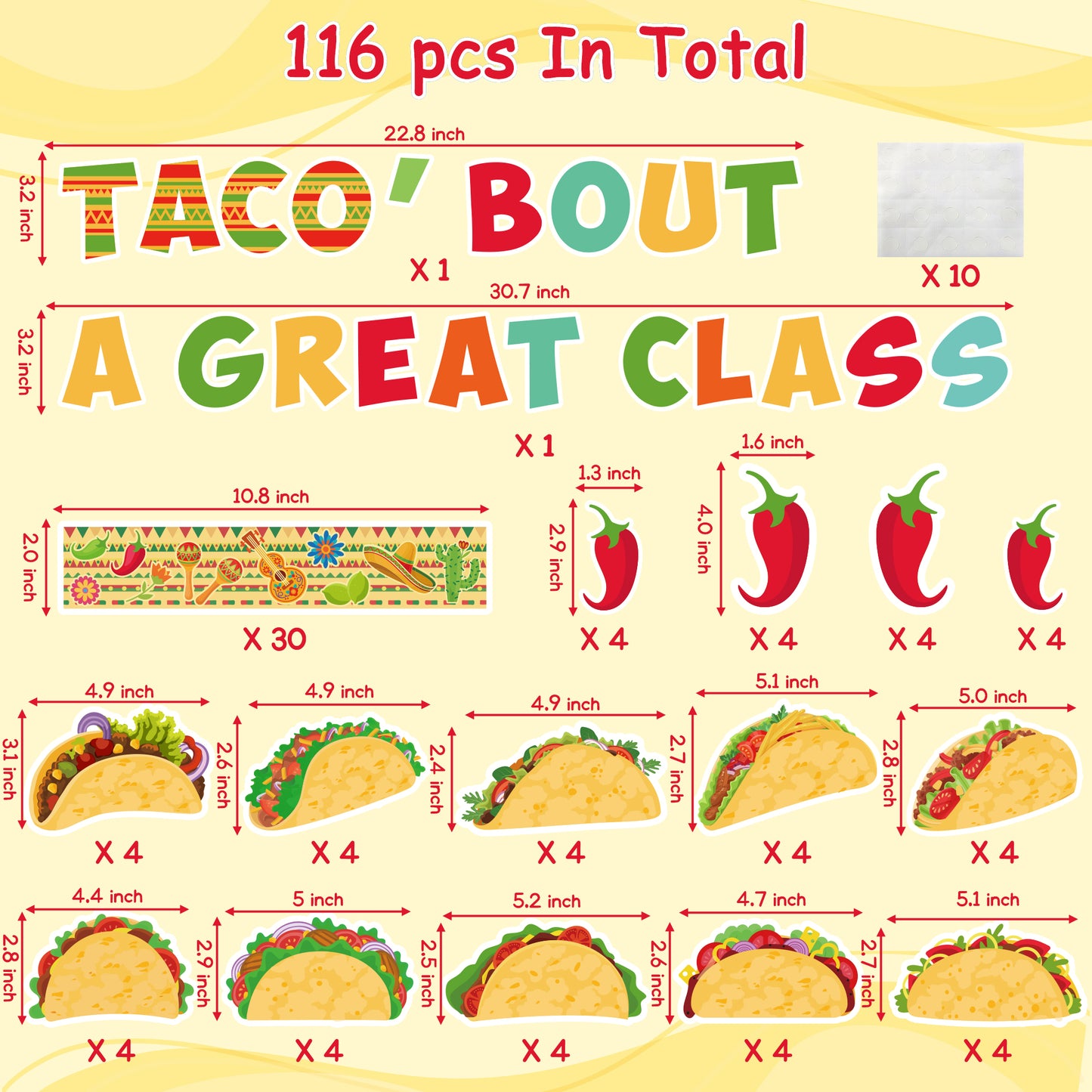 116Pcs Mexican Cinco De Mayo Bulletin Board Decoration Cutouts Set Contain Characters, Fried Tortillas, Chili, Border and Characters with Taco‘Bout A Great Class for Classroom or Home Decoration