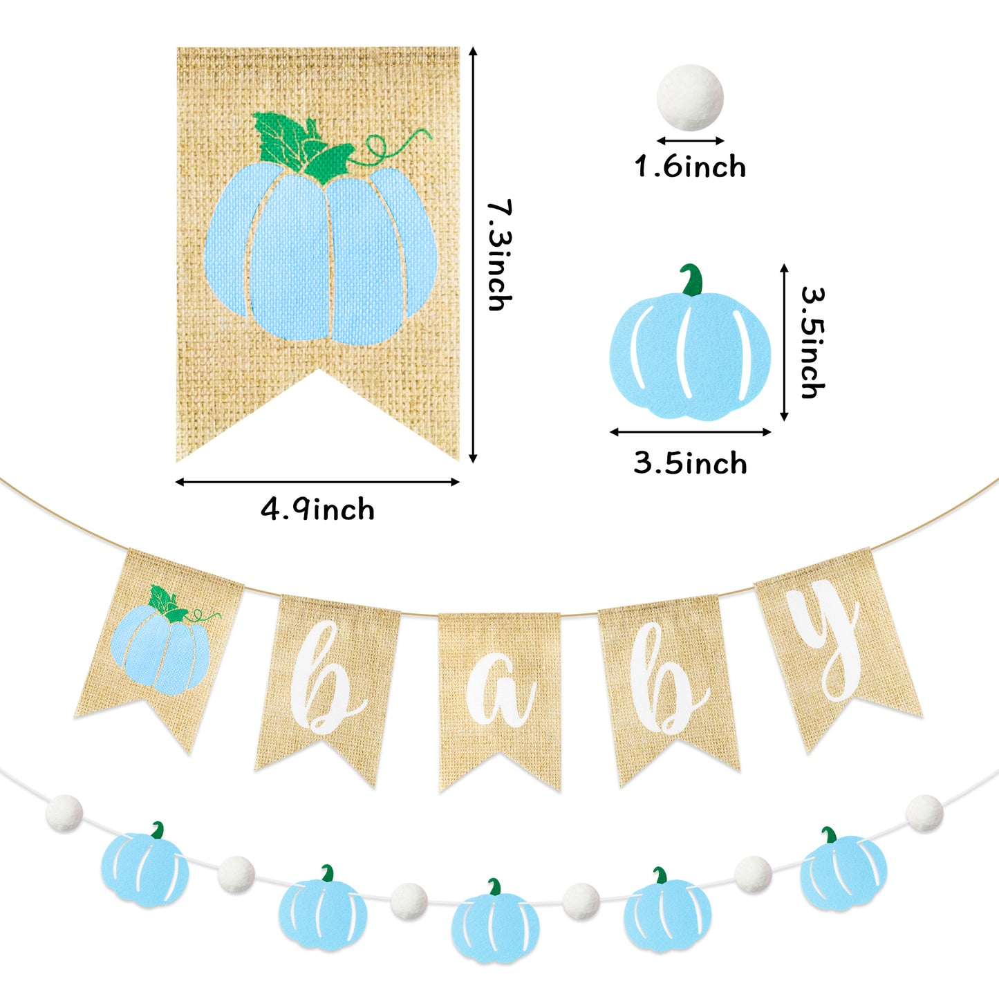 2Pcs Blue Pumpkin Banner Fall Baby Shower Burlap Garland Rustic Season Little Pumpkin Banner Pull Flag Fall Baby Shower Birthday theme Party Wall Decor