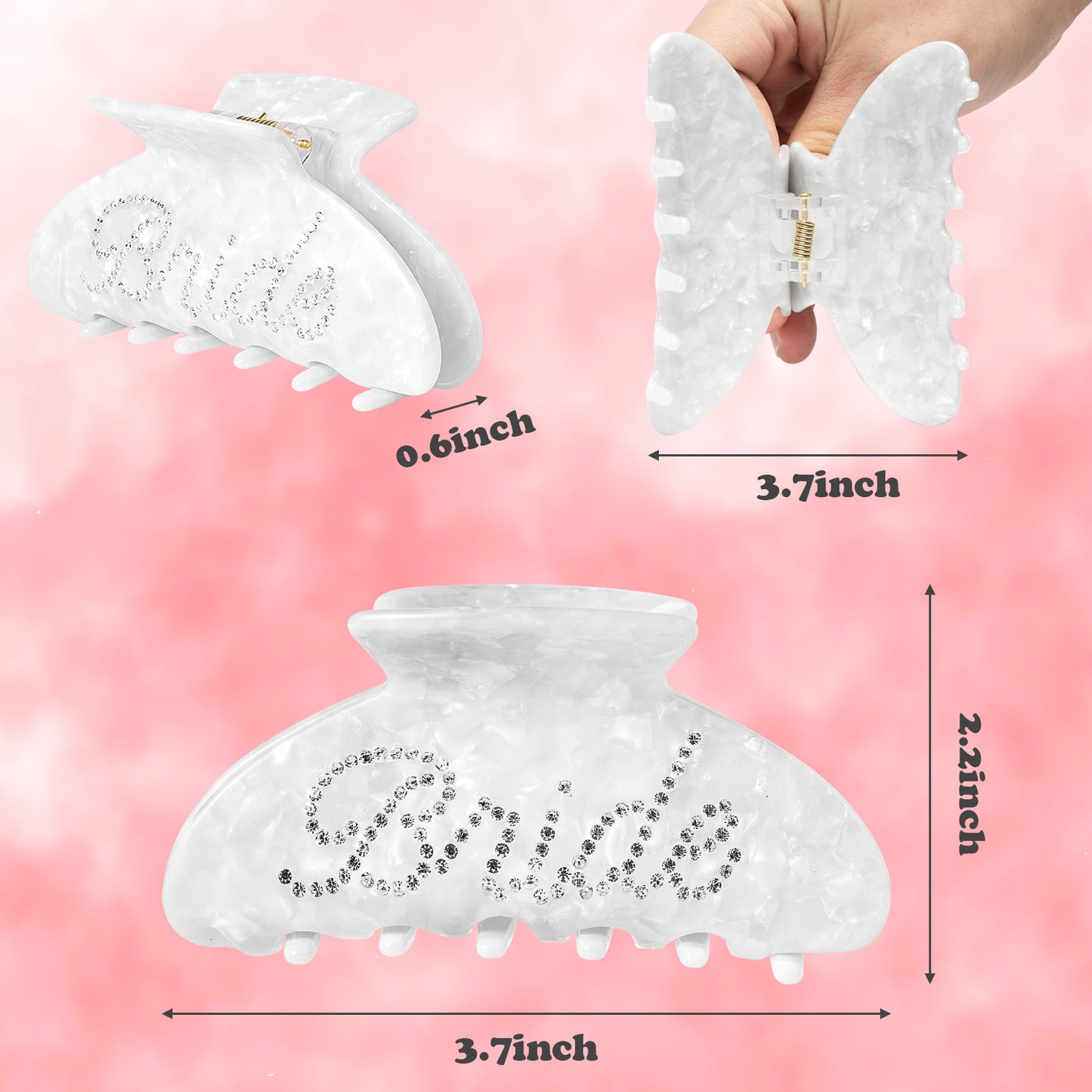 4Pcs Bride Claw Clip White Rhinestone Bride Acrylic Hair Clip Pink Bridesmaid Proposal Gifts Hair Ties Claw Clip Bachelorette Party Favors Bridesmaid Gift for Wedding Parties