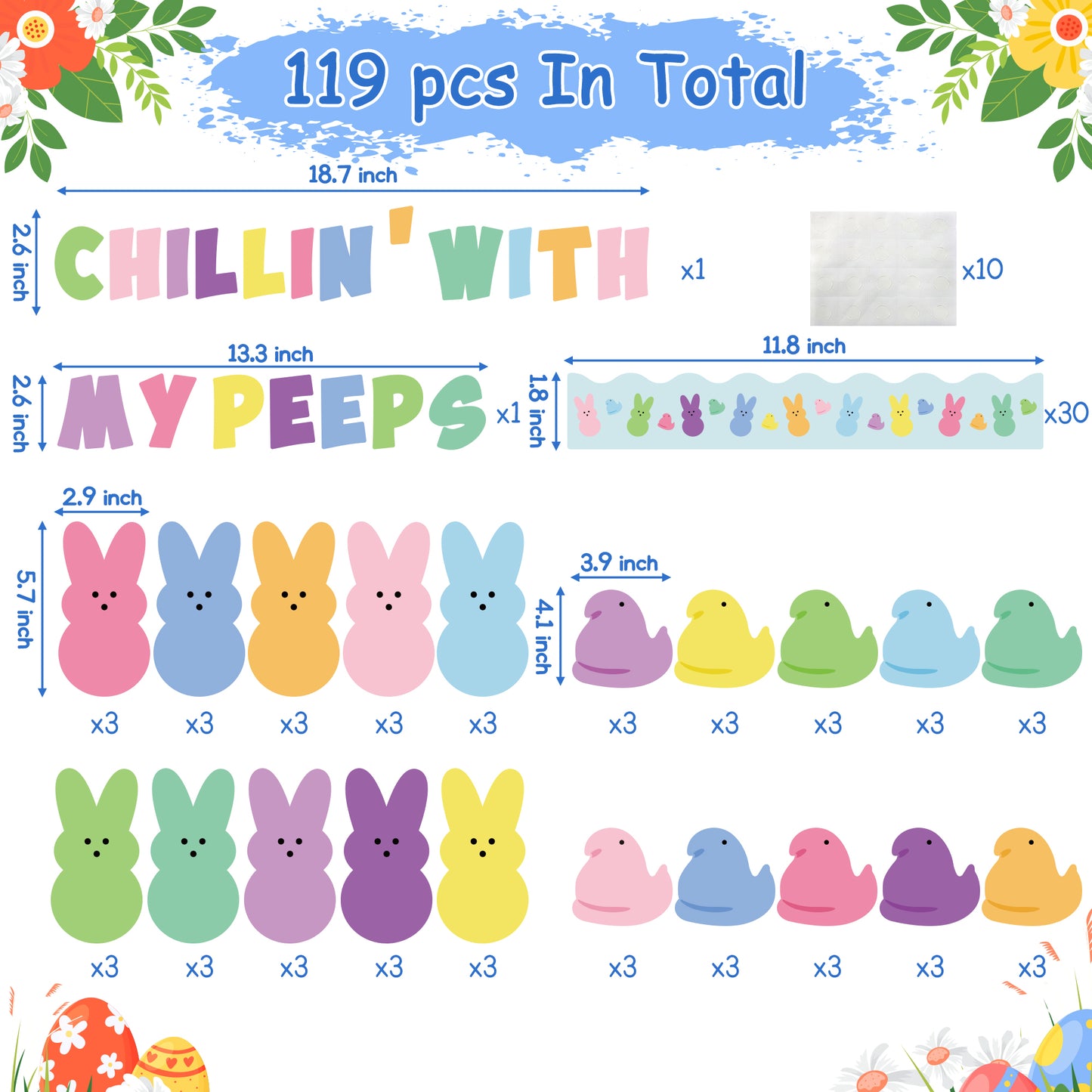 119Pcs Easter Chick Bunny Bulletin Board Decoration Cutouts Set Contain Chick, Bunny, Candy Bunny Chick Border with Characters About Easter Character Happy Easter and Classroom Decoration