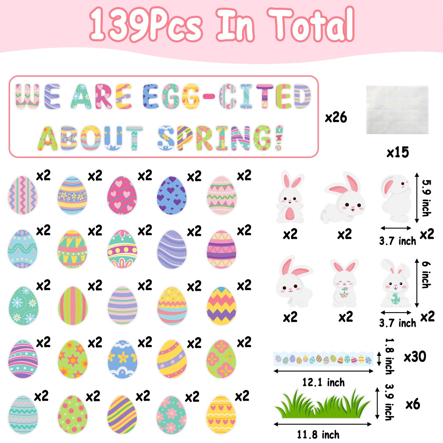 139Pcs Easter Bunny Spring Egg Bulletin Board Decoration Cutouts Set Contain Easter Egg, Bunny, Grass, Border, Cut-Outs with We are Egg Cited About Spring Character Happy Easter and Spring Season Visit the AsodSway Store